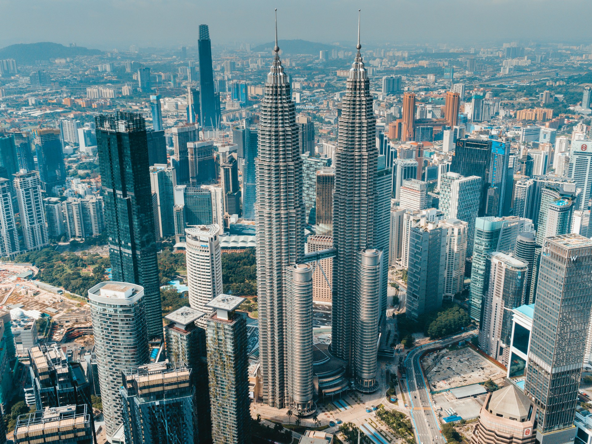 Aerial view of Kuala Lumpur with the Petronas Twin Towers